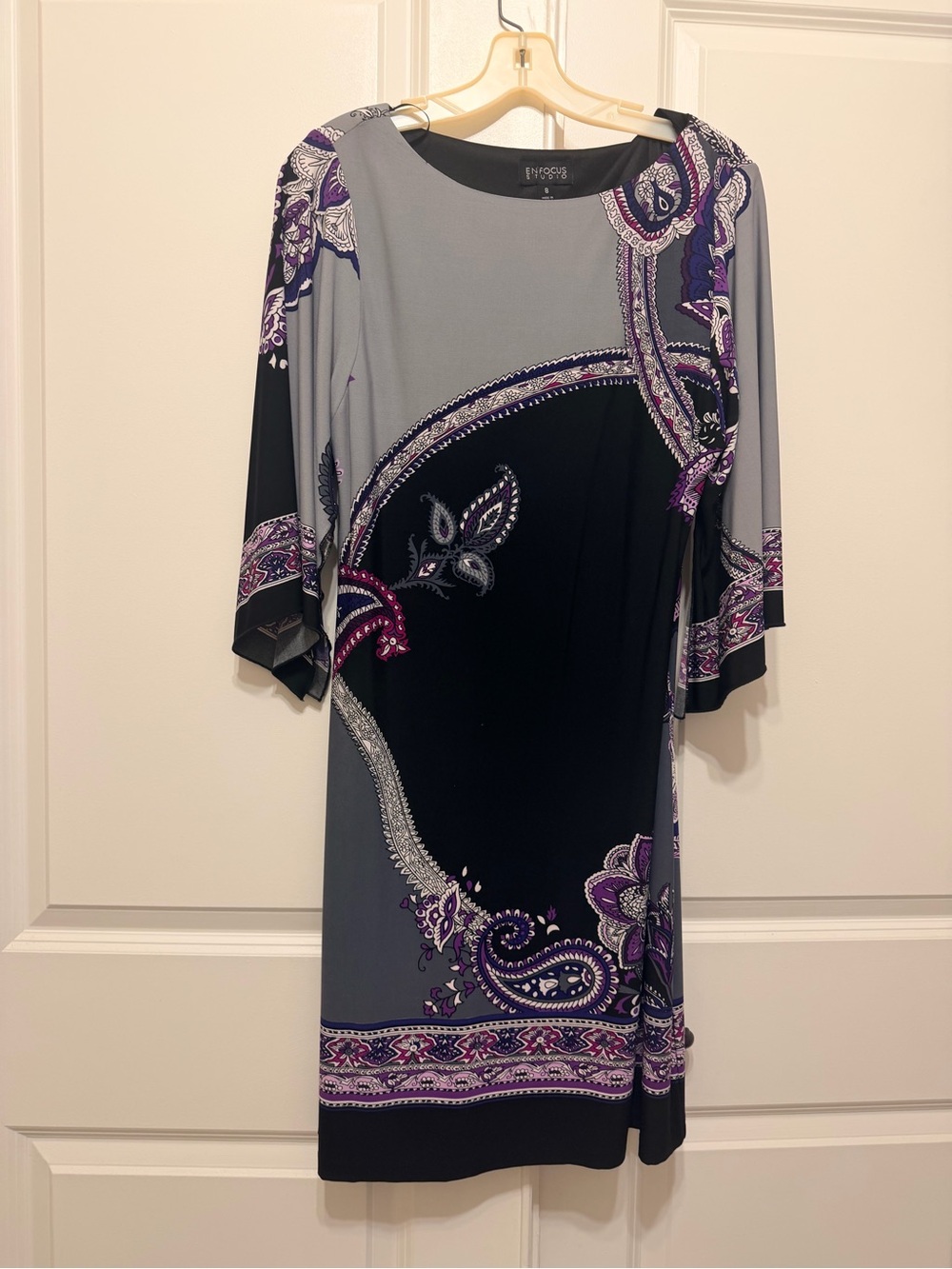 Enfocus Studio Gray, Black & Purple Paisley Midi Dress